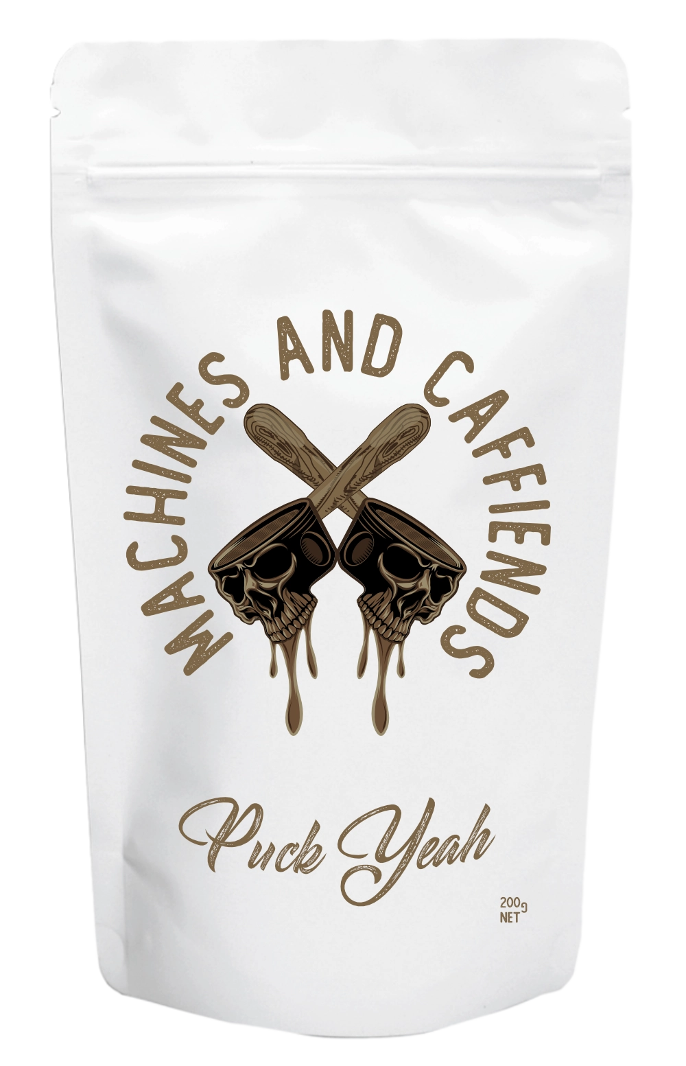 White coffee bag with skull logos
